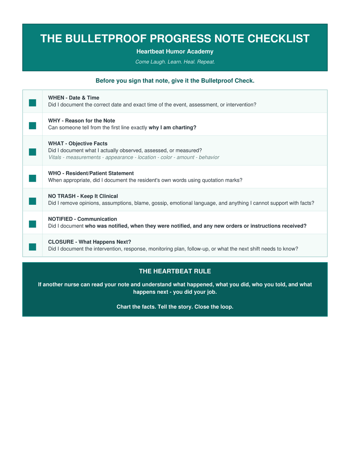 Heartbeat Humor Academy Bulletproof Progress Note Checklist free printable