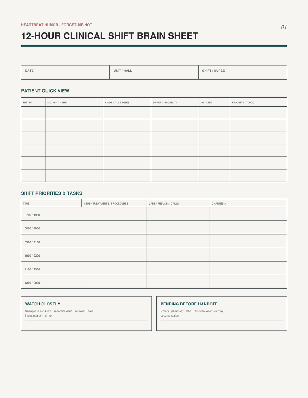 Heartbeat Humor Forget-Me-Not 12-Hour Clinical Shift Brain Sheet printable preview