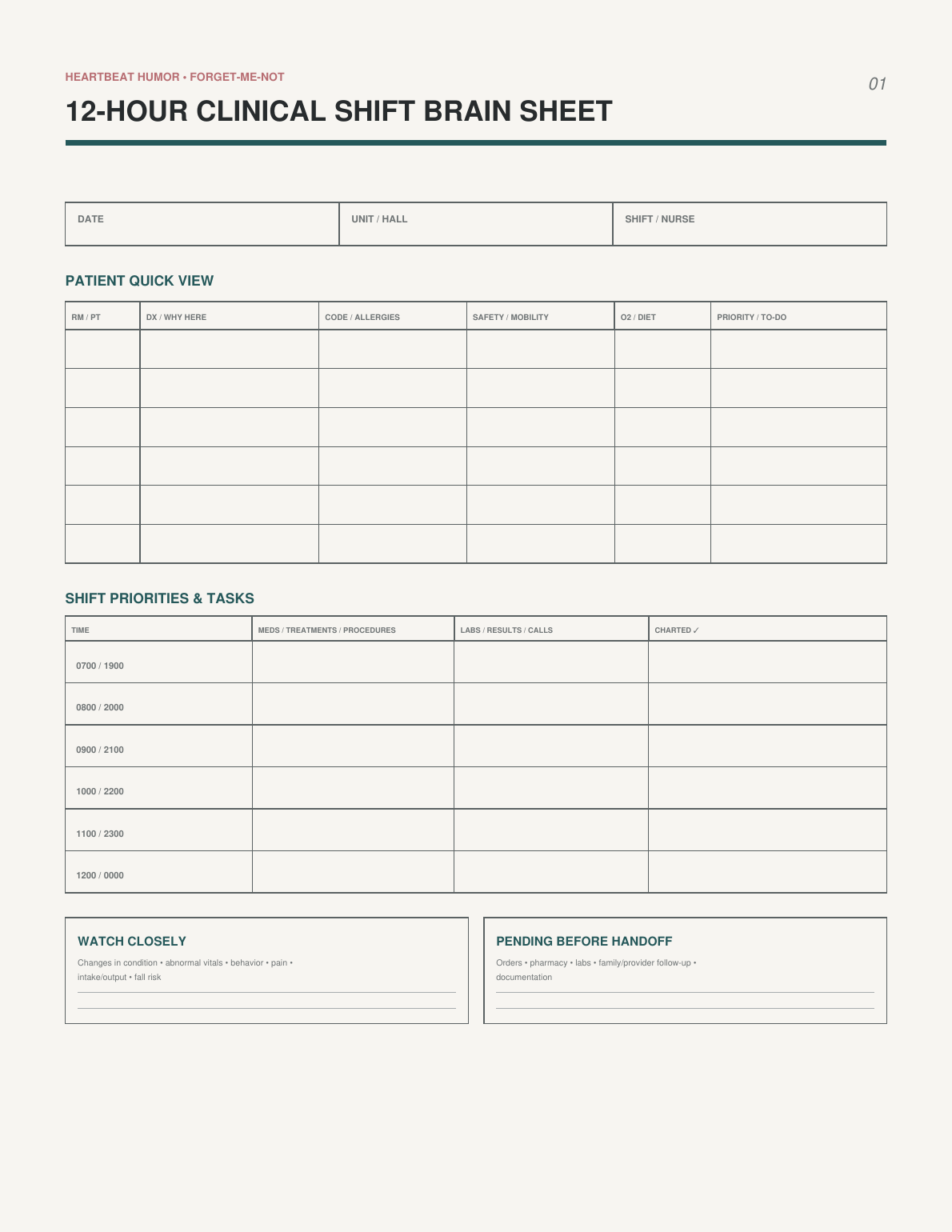 Heartbeat Humor Forget-Me-Not 12-Hour Clinical Shift Brain Sheet printable preview
